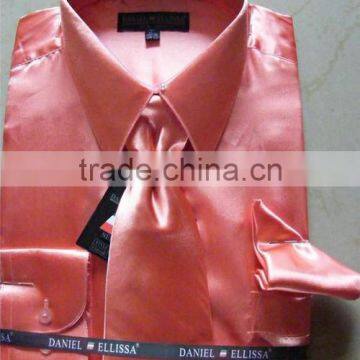 mens satin shirts man solid satin silk dress shirts with tie and handkerchief