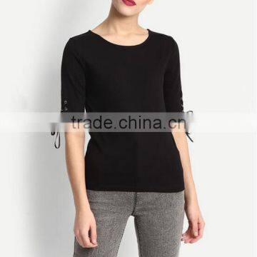 OEM Lady Blank T-shirt Women Tie up Sleeve t Shirt With Wholesale Price China photo-2