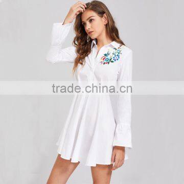 Women Flower Emboriedered Long Sleeve Clothing, White High Waist Shirt Dress photo-2