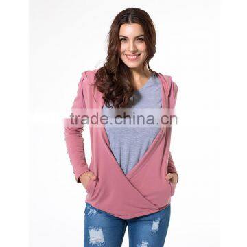 Stylish Street Wear Women Pink Plunge Wrap Front Long Sleeve Hoodie photo-3