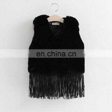 Black fake rabbit fur vest for children cute fur gilet with tassel