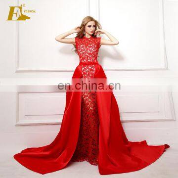 2017 Hot Sale Red Long Prom Dress Lace With Detachable Train