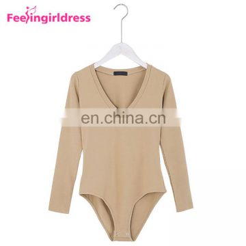 Fashion Autumn Khaki Long Sleeve Winter Thong Bodysuit Jumpsuit Fancy Romper