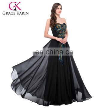 Grace Karin 2016 Hot Sale Lace Up Back Elegant Gowns Long Chiffon Black Appliques Embroidery Peacock Evening Dress CL6168-1#