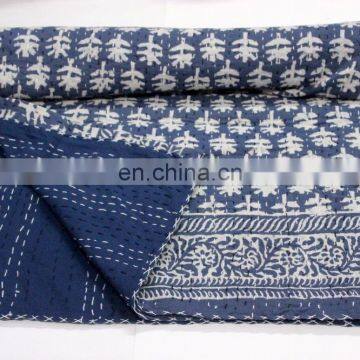Village Women Made Kantha Bed Cover Indigo Dye Kantha Quilts Hand Quilted Throw photo-3