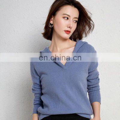 Women Cashmere Wool Rib Knit V Neck Cashmere Hoodie Sweater photo-2