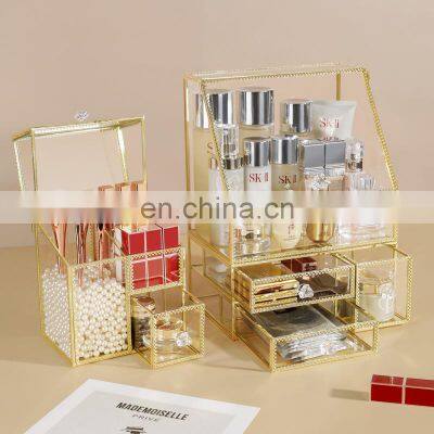 Cosmetic Storage Box Drawer Gold Decorative Metal Glass Clear Lash Jewelry Make Up Acrylic Organizer Makeup Cosmetic Box Storage