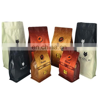 Custom logo 250g 1kg flat bottom moisture proof coffee packaging pouch matte print aluminum foil empty coffee valve bag