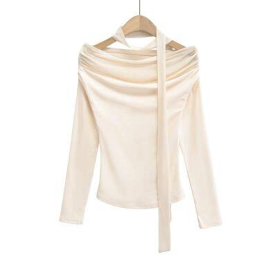 Design-sense pure seductive hot girl style pleated off-the-shoulder long-sleeved top for women, spring and autumn, with ribbon and mesh spliced-in for a slimming effect.