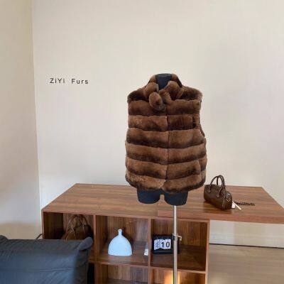 2025 Autumn/Winter Cream Latte Imported Rex Rabbit Fur Chinchilla Pattern Fur Vest photo-3