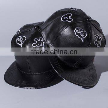 Star Style Cute Hand Embroidery Men Women Hiphop Black Leather Flat Baseball Cap