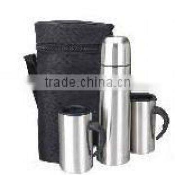 Stainless Steel Vacuum Flask Gift Set With Coffee Mugs With Leather Bag