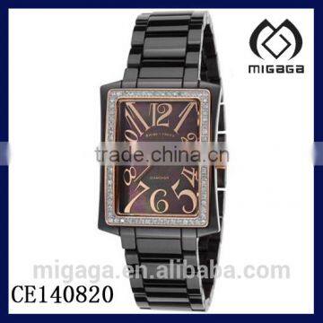 Fashion rectangle case quartz watch ceramic strap*LADIES BLACK CERAMIC DIAMONDS DATE WATCH