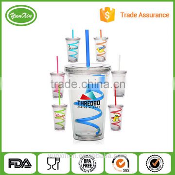 wholesale double wall transparent acrylic sippy cup plastic mug with straw and lid