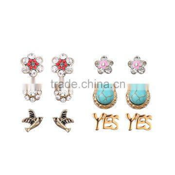 Vintage Marble Stone Flower Multi Color Diamante Fireball Yes Word Enamel Stud Earring Set Fantastic Gift For Girls