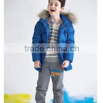 2014 new style Kids' long down jacket with fur hood blue color kids warm jacket long down coat