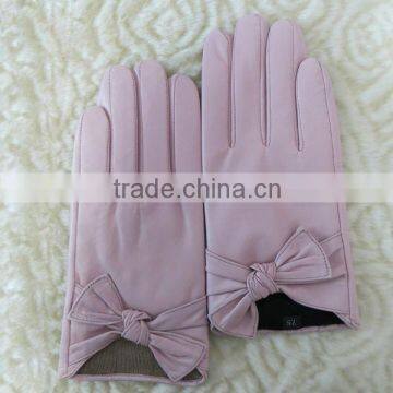 High grade light pink womens fashion bow leather gloves