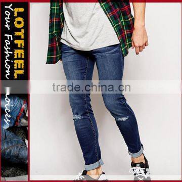 Super Skinny Fit Distressed denim man jeans pant with Rip Knee low cost jeans size chart skinny stretch jeans(LOTA066)