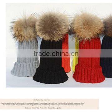 Children Hat Kids Hat Children Winter Raccoon Fur Hats 100% Real 15cm Fur Pompom Beanies Cap Natural Fur Hat For Kids Children