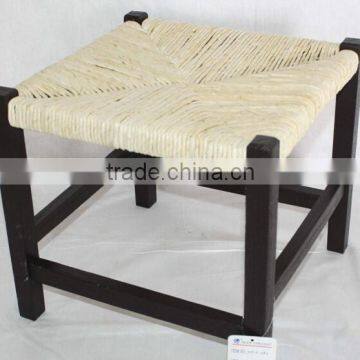 Vintage Folk Art Black Finish Ottoman With Rush Seat