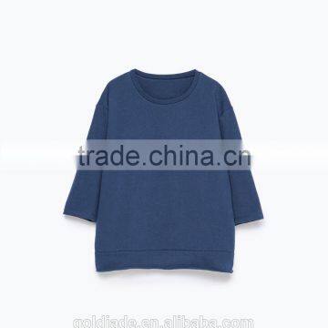 Fashion Cutting Ladies Loose Top Fleece Cotton Three Quarter Sleeve Lady Blouse photo-5