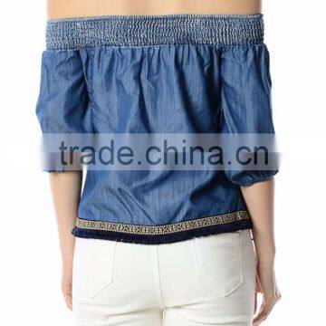 Latest Design off Shoulder Smocking Chambray Woman Tops photo-5