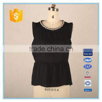 Ladies Chiffon Blouse Flounced Hem Pearl Beaded Neck Design Sleeveless Blouse