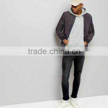 MGOO Pocket Sleeve High Shine Bomber Jacket Dark Grey 100%Polyester Thin Zip Up Autumn Coat photo-3