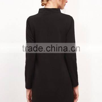 Black Stand Collar Contrast Pockets Zipper Dress Cotton Spandex Long Sleeve Color Block Casual Short Dress photo-5