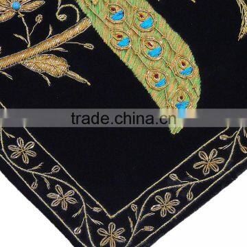 Black Decorative Peacock Pillowcase Dabka Handmade Couch Velvet Ethnic Cushion photo-5