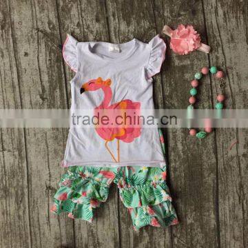 new girls outfit flamingo set white coral mint kids boutique short sets ruffles cotton girls clothing matching with accessories