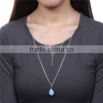 New Fashion Layered Necklace Silver Plated With Rectangle Pendant Malachite Green Bead 54.5cm long