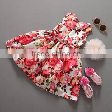 Girls Dress Pink Flower Print Bow Party Birthday Princess Child Clothes