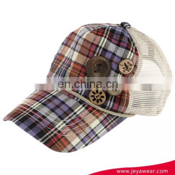 Fashion plaid mesh trucker baseball cap with leather buckle