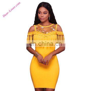 Yellow Floral Mesh Patchwork O-Neck Short Sleeve Bodycon Mini Sexy Dress