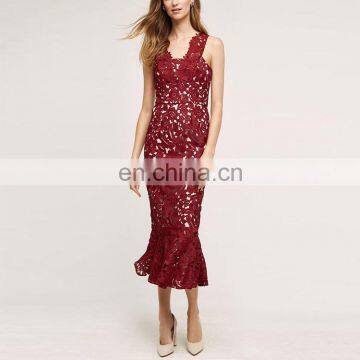 China Manufacturer Elegant Bodycon Red Evening Lace Dress Women