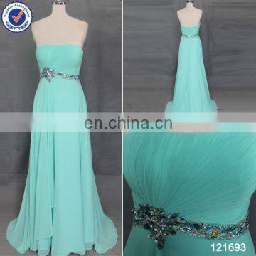 Simple design chiffon sweep train turquoise blue bridesmaid dresses with beaded belt