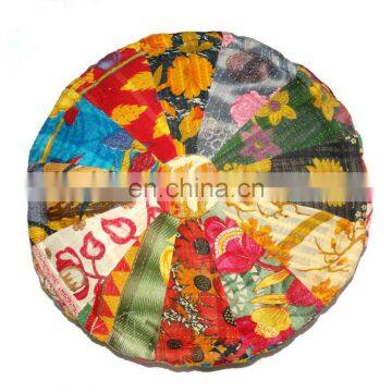 Cotton Stuffed Indian Vintage Kantha Patch Floor Cushion; Pouf Ottoman; Round Pouf