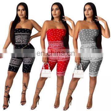 Women One Piece Bodycon Hot Fitness Print Strapless Sleeveless Sexy Tight Jumpsuit