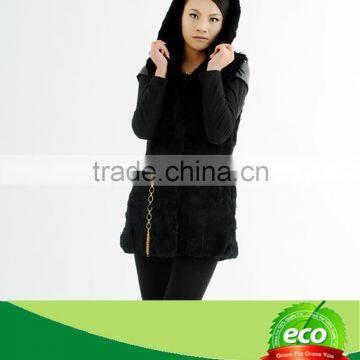 2013 Genuine Luxury Rex Rabbit Fur Coat with Hood Long Stylish Cheap Price for Women