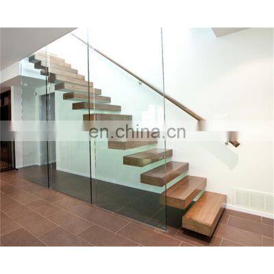 Modern Simple Design Hidden Beam Wood Tread L Type Straight Stairs Glass Railing