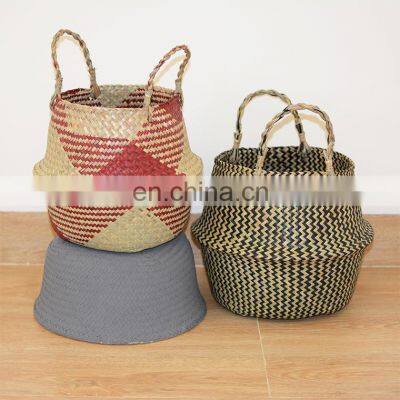 Cheap wall basket decor hanging rattan seagrass woven handmade natural hanging baskets for plants outdoor