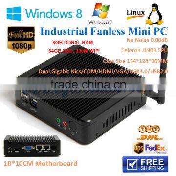 Smallest Fanless Mini PC with Intel Celeron J1900 2.0GHz Quad Core Dual Lan 8GB Ram 64GB SSD VGA Win7/Win8/Linux