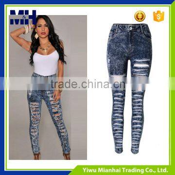 Hot female tall waist elastic snowflakes jeans feet pants