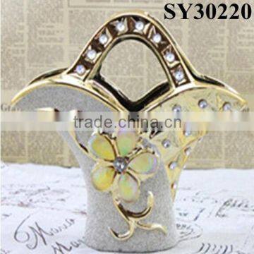 Golden flower carving & crystal white ceramic table vase