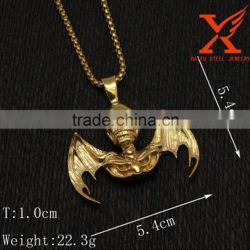 Stainless Steel Gold Plated Skull Death & S Head BAT Wing Men's Pendant