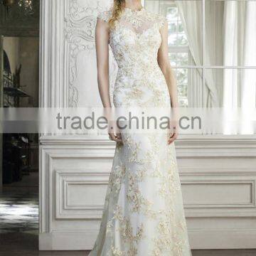 (MY11202) MARRY YOU Cap Sleeve Backless Gold Lace Wedding Dresses 2015