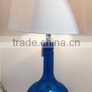 unique design Kuwait chrome base blue glass table lamp with white barrel lamp shade for inn decoration