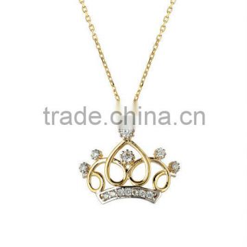 14K Solid Gold Fashion Crown Charm Trend Necklace