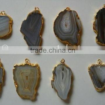 Mix Banded Agate Natural Design Electroplated Slices Pendants